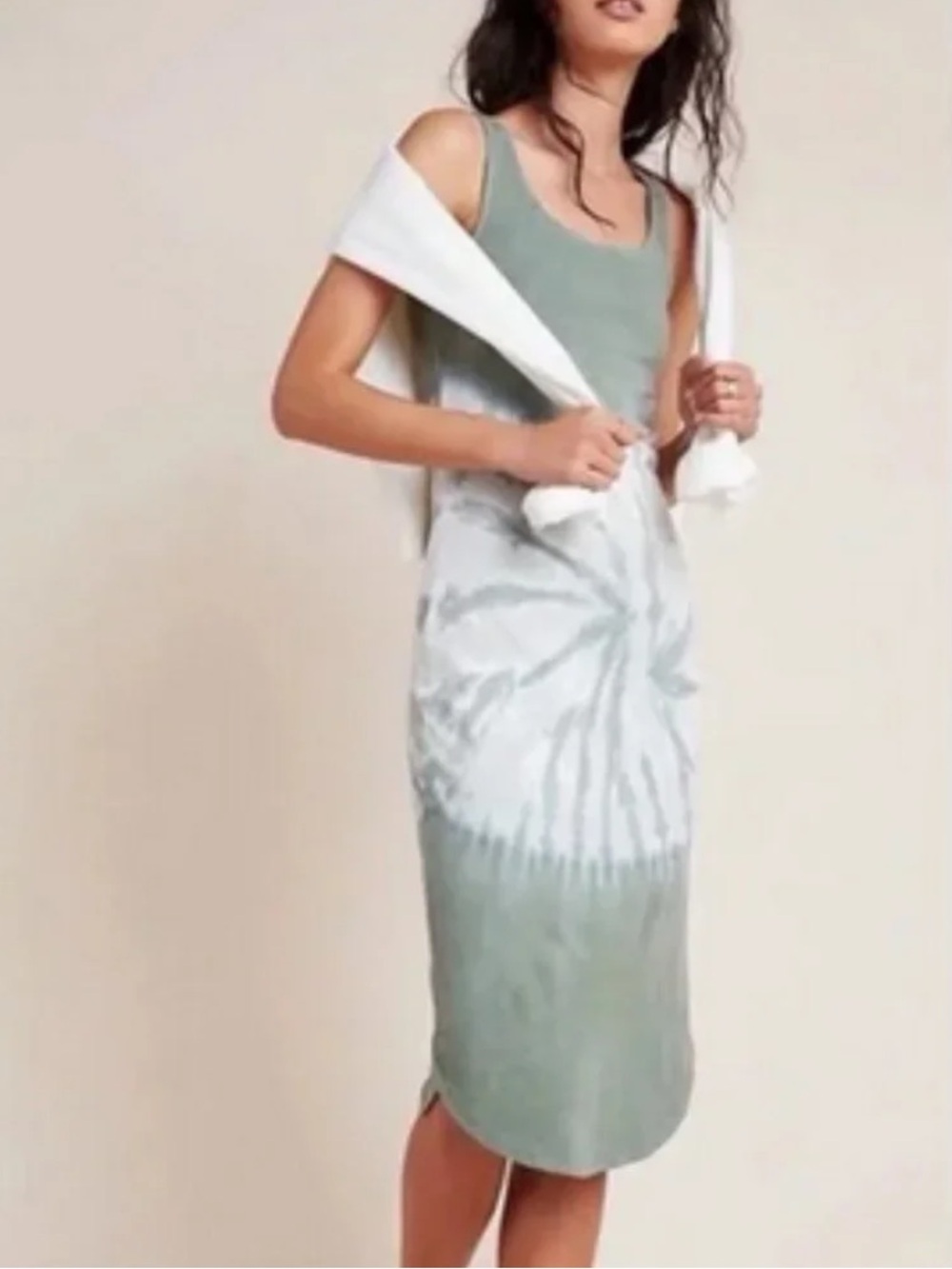 Anthropologie Sage Green and White Tie-Dye Tank Midi Dress, XS